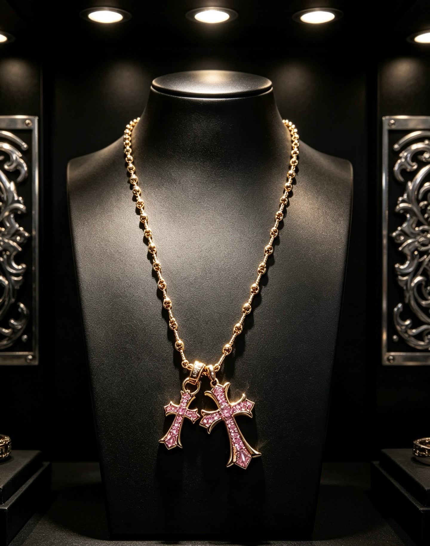 Chrome Hearts Gold Cross Pendant Necklace with Pink Stones